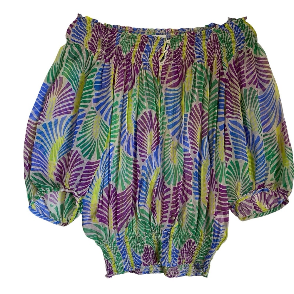 Zara 100% Silk Blouse Size M Multicolor Off Shoulder Puff Sleeve Resort Wear - Picture 2 of 9